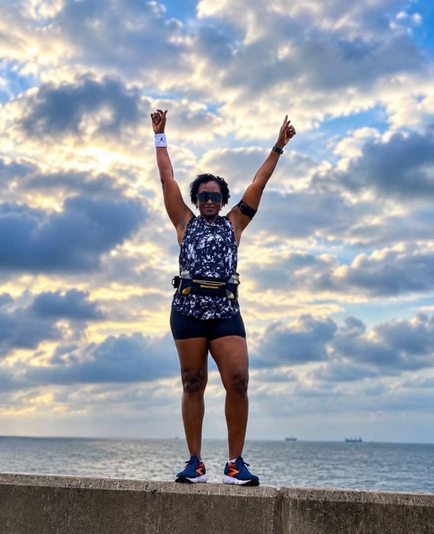 Kate Henshaw dressed in sportswear for a fitness run.
