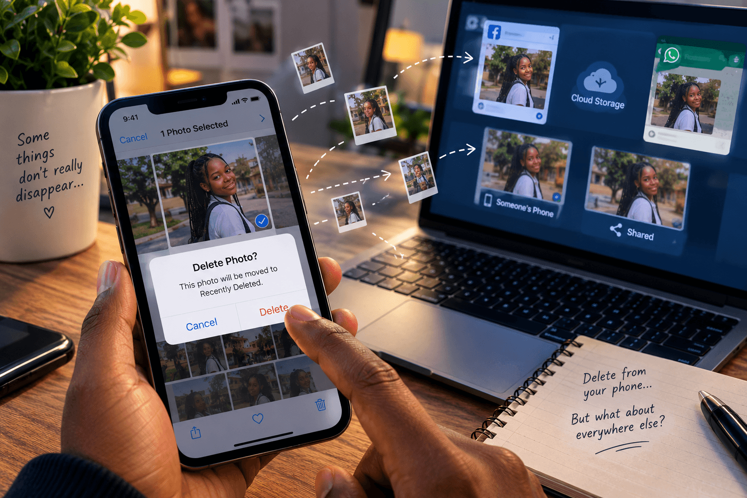A woman deletes an old picture of her on Facebook on her phone while copies of the same picture remain visible on the other devices and platforms.