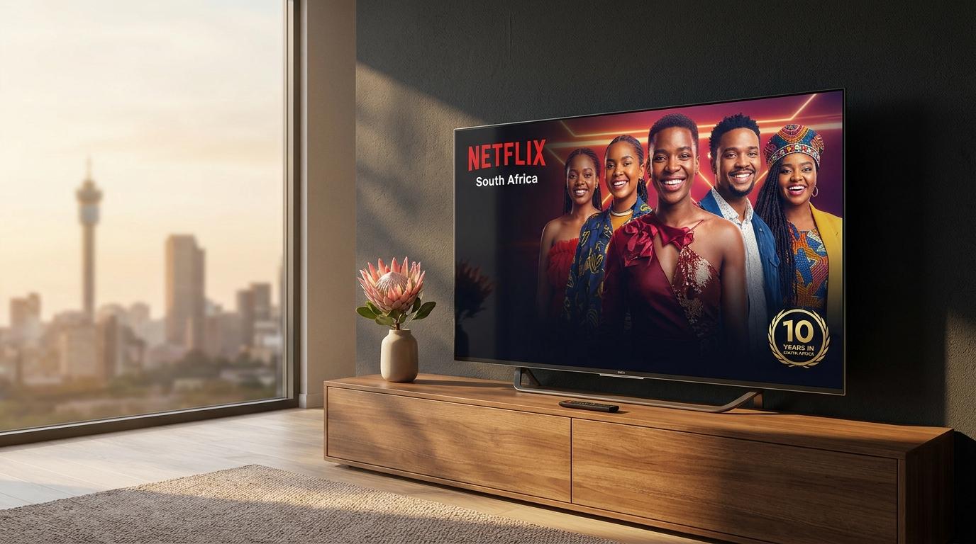 A modern television in a sunlit living room displays a Netflix South Africa 10-year anniversary feature.